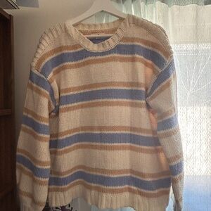 Cozy Striped Crewneck Sweater in Cream, Blue & Tan - Ripcurl - M but would fit L